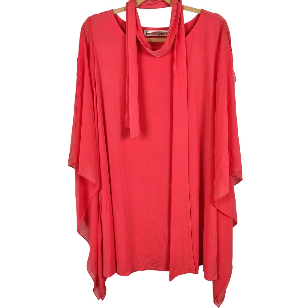 Simonton Says Womens 1X Kaftan Top Coral Sheer Butterfly Sleeve Scarf Neck Chic